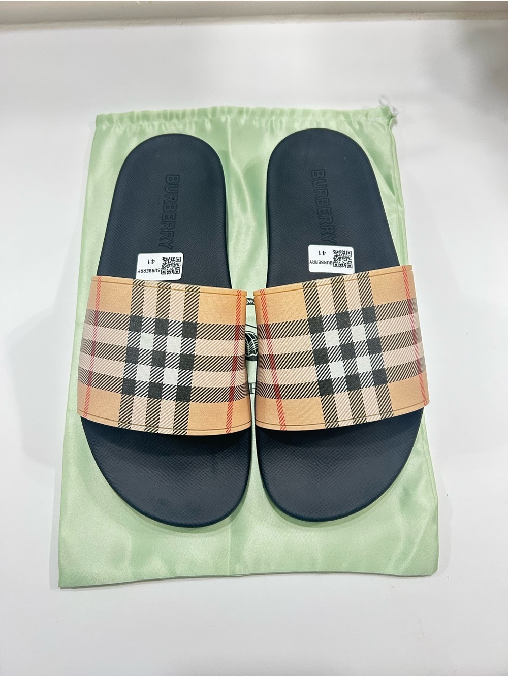 Burberry Beige Check Slide Sandals with Navy Footbed